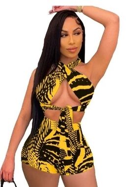 Yellow & Black Cutout Tie-Front 2-piece Matching Set